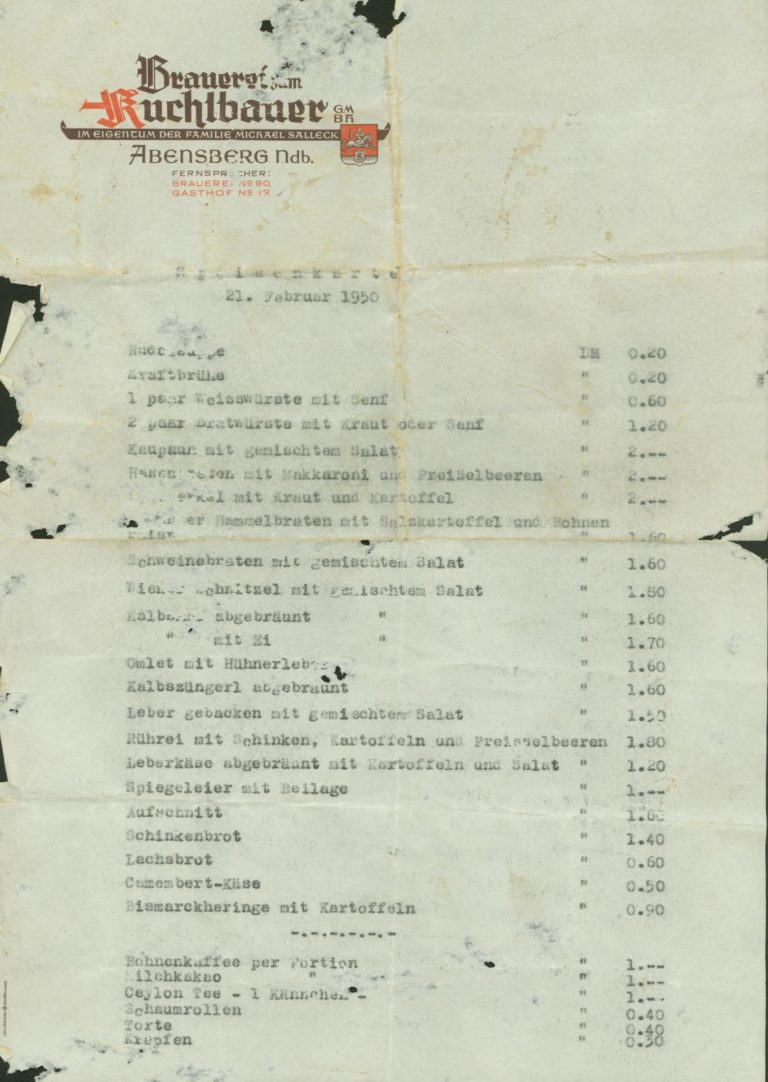 1950, Kuchlbauer-Speisekarte (1)